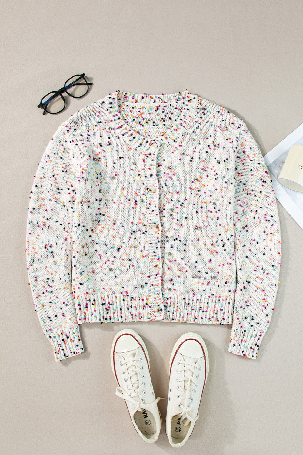 Colorful Popcorn Confetti Knit Cardigan Long Sleeve Round Neck Button-Up Sweater