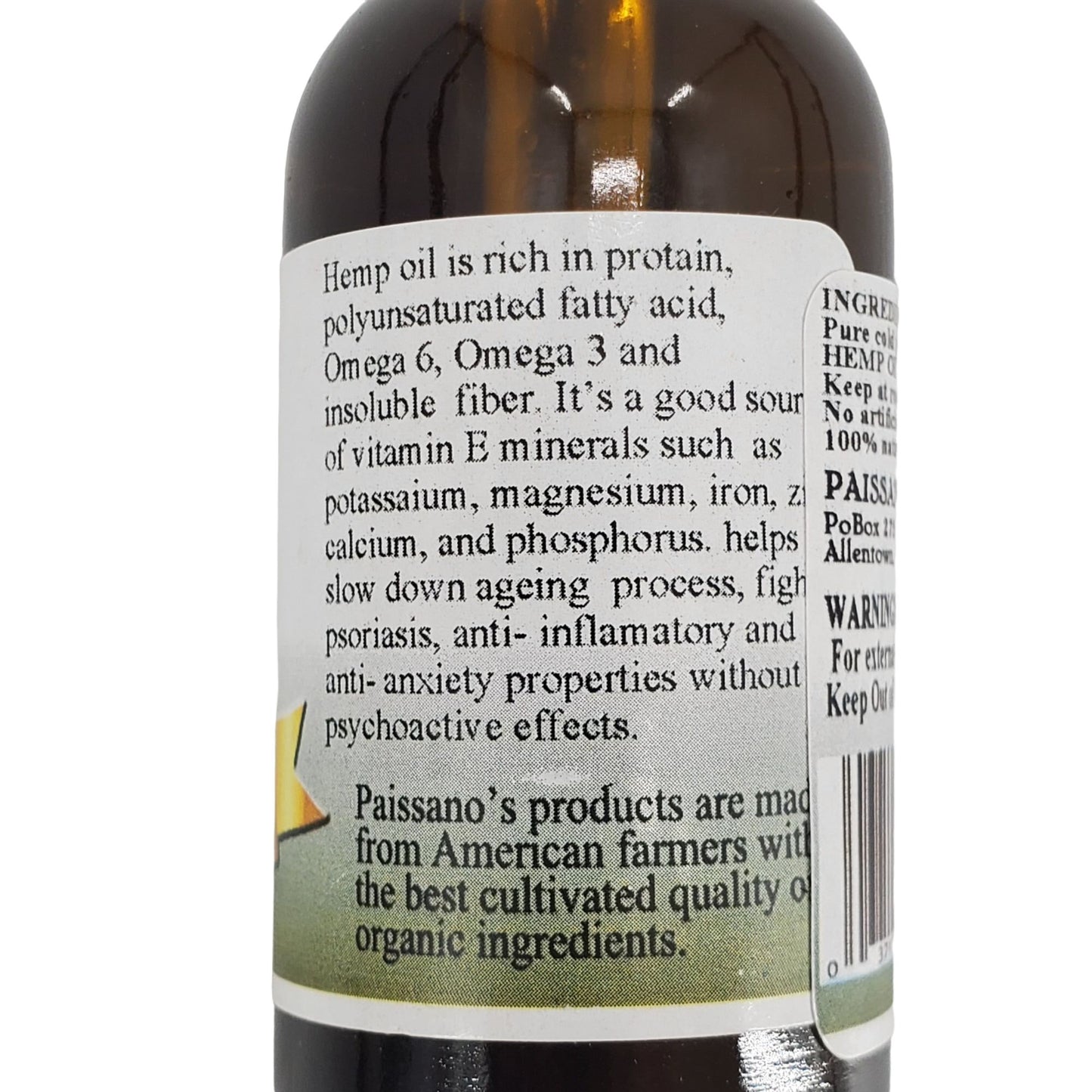 Paissano Hemp Oil: All-Natural Skin Regeneration , Moisturizing Oil, Omega 3 & 6 Fatty Acids | 1 ounce Glass Bottle Dropper included