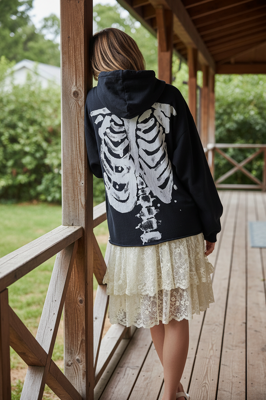 Oversized Skeleton Bones Graphic Boyfriend Zip-Up Drawstring Hoodie Jacket
