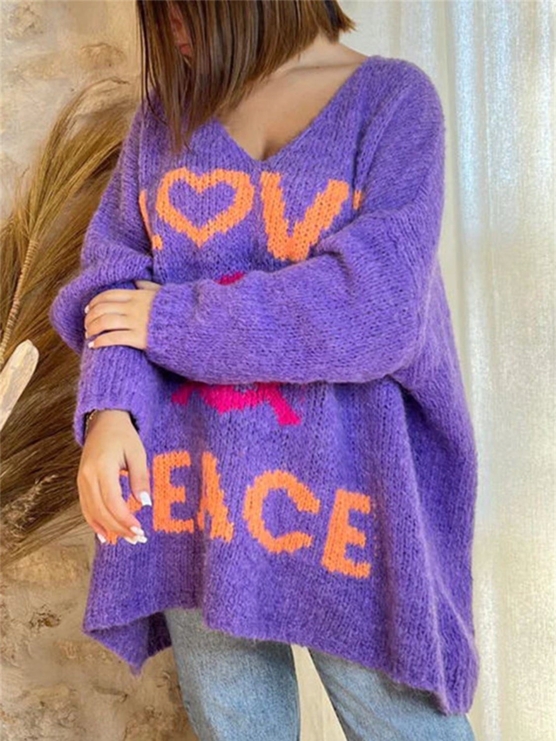 LOVE PEACE Oversized Colorful Knit Top Long-Sleeve Pullover Baggy Sweater Shirt