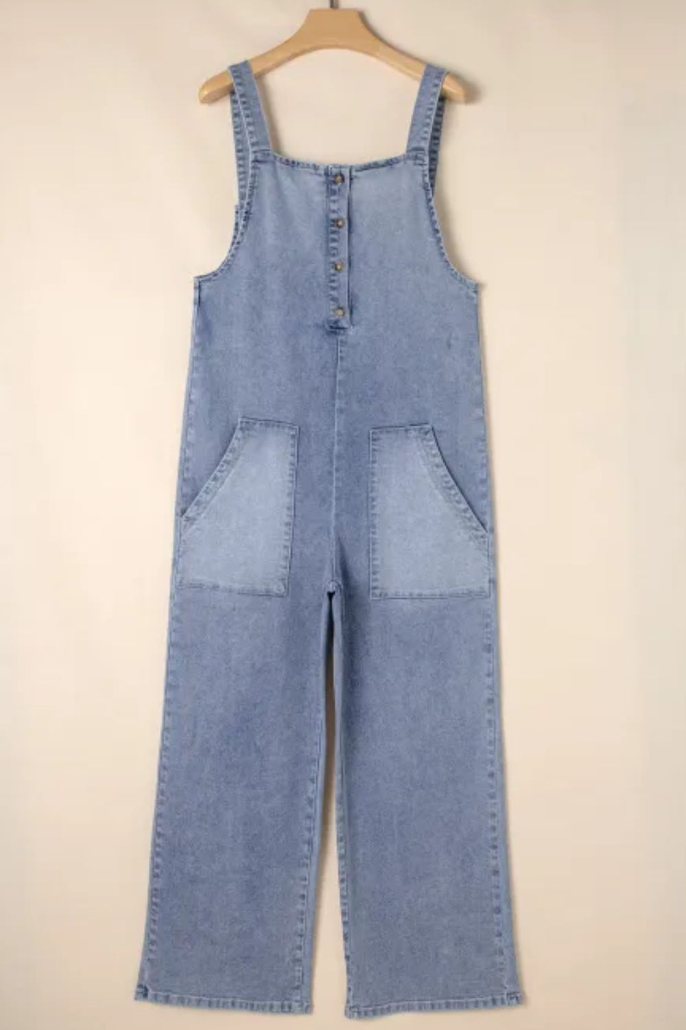 Retro Patch Pocket Denim Wide Leg Sleeveless Buttoned Blue Jean Pant Overalls