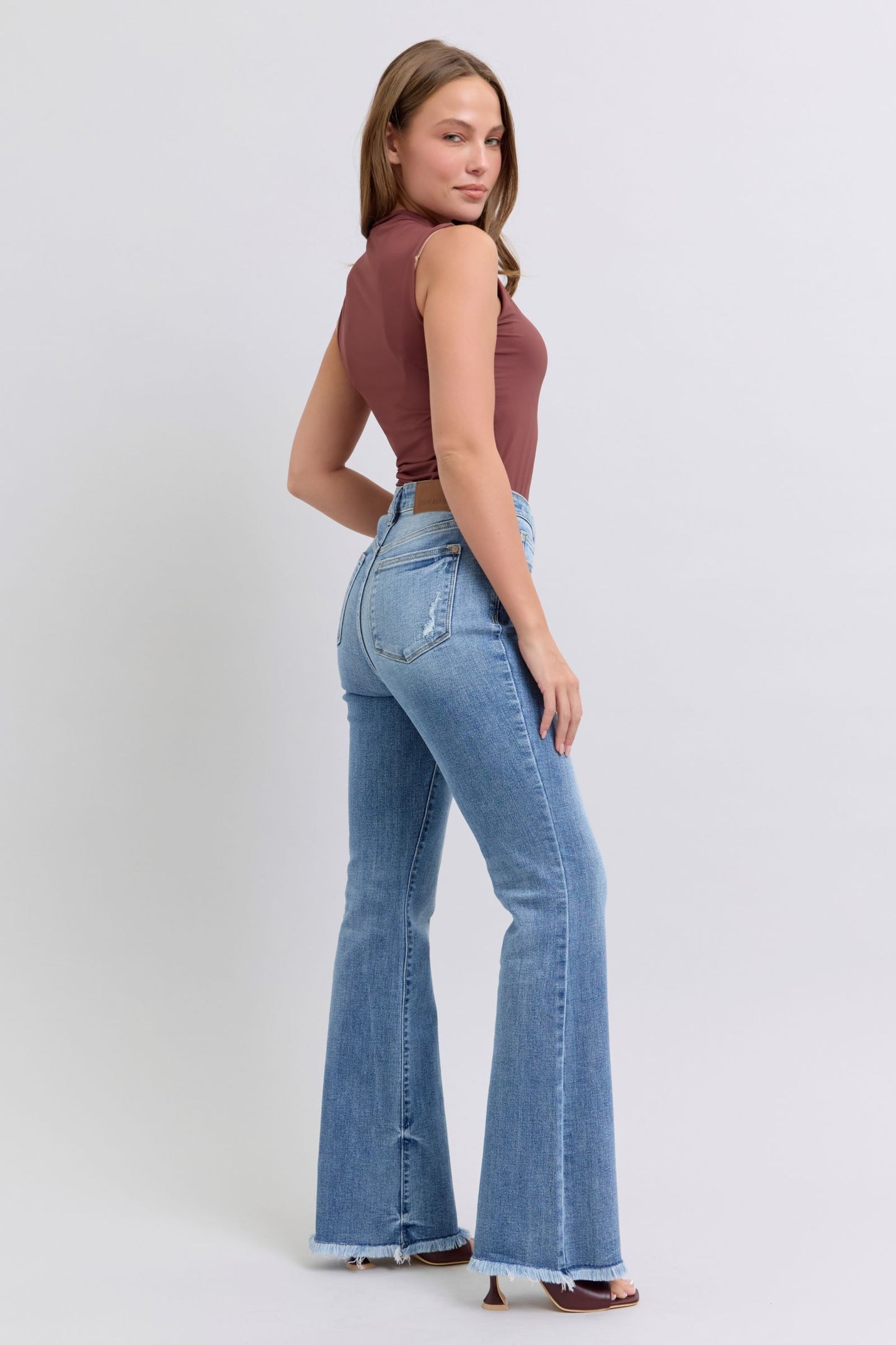 Judy Blue High-Rise Waist Bootcut Jeans Distressed Raw Hem Boyfriend Denim Pants