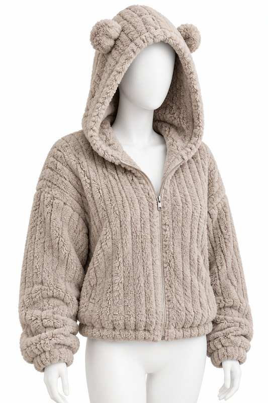 Plush Teddy Bear Ear Hooded Cropped Fleece Jacket Oversized Long Sleeve Zip-Up