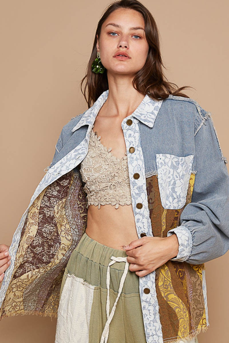 POL Denim Shacket Lace Boho Raw Twill Embroidered Floral Retro Patchwork Cotton Jacket