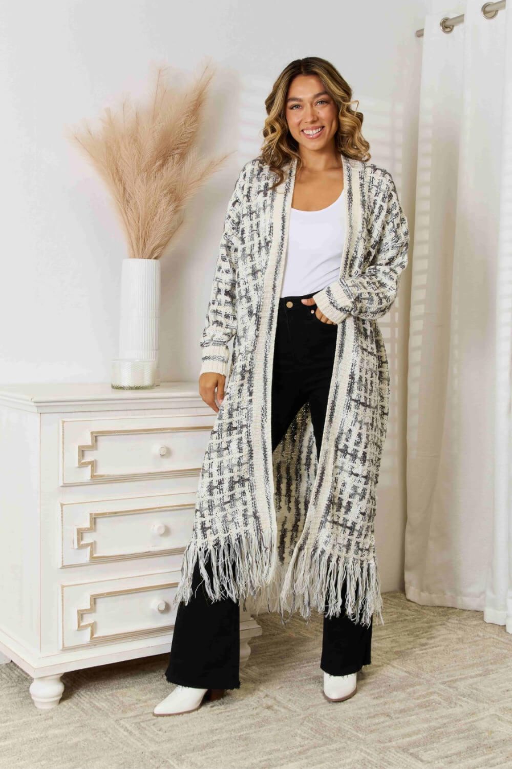 Retro Knit Bold Colorful Open Front Fringe Hem Longline Duster Sweater Cardigan