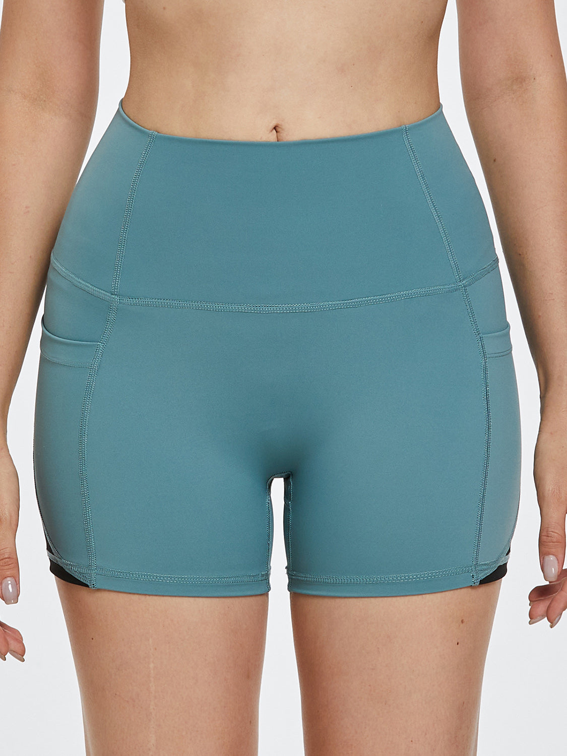 High Rise Waist Pocket Athletic Shorts Wide Waistband Contrasting Stripe Activewear