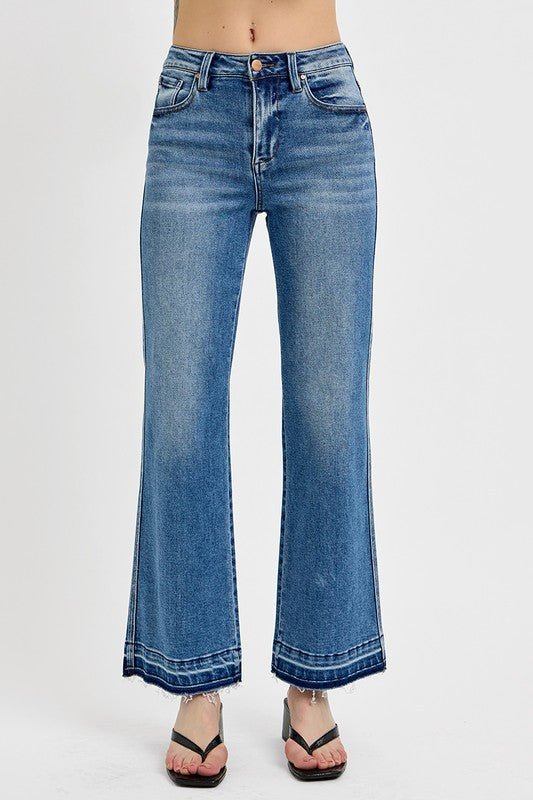RISEN High-Rise Bootcut Ankle Cut Mom Jeans Relaesed Raw Hem Denim Pants