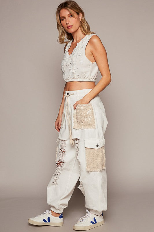 POL Lace Crochet Cargo Patchwork High-Rise Drawstring Wide Leg Ankle Jogger Pants