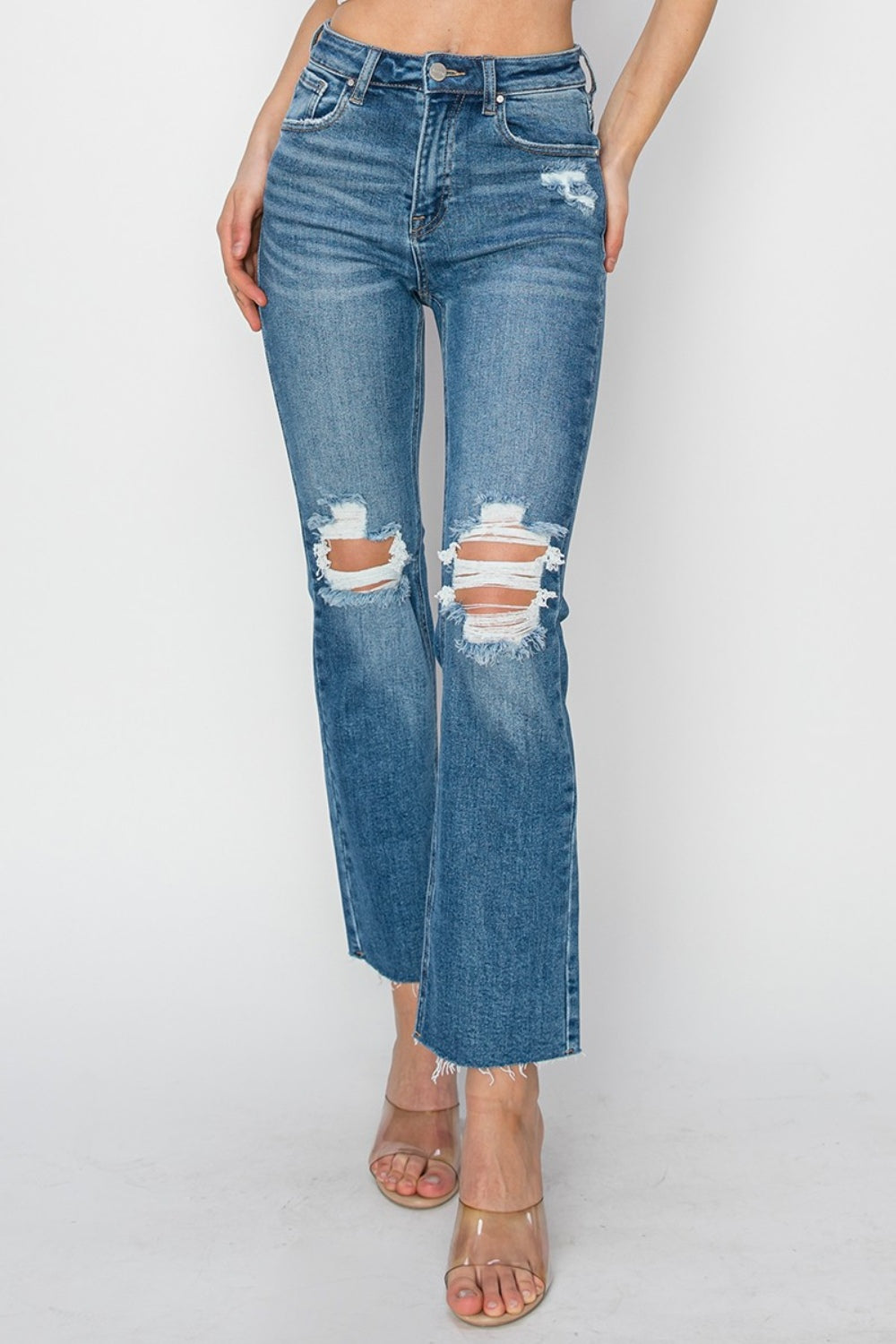 RISEN High-Rise Straight Leg Distressed Ankle Frayed Raw Hem Jeans Denim Pants