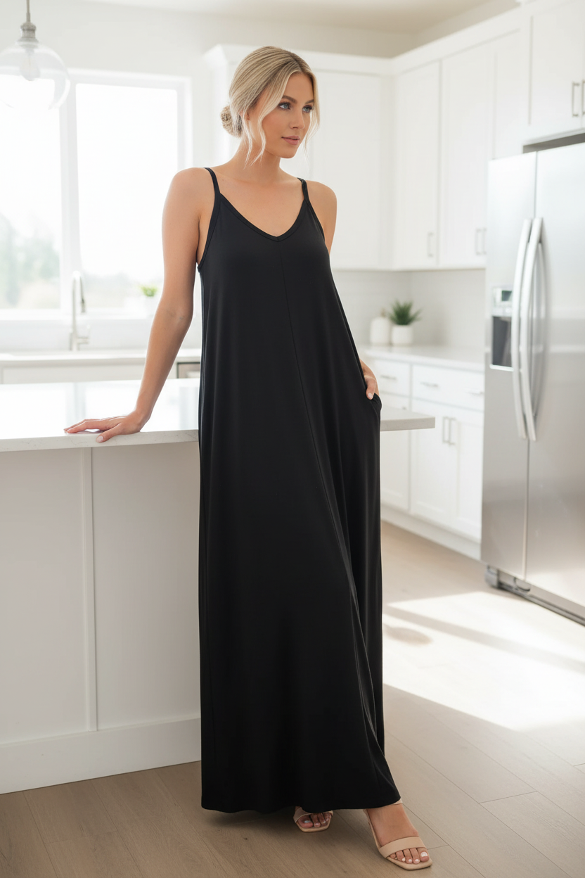 Zenana Side Pocket V-Neck Relaxed Fit Spaghetti Strap Maxi Dress
