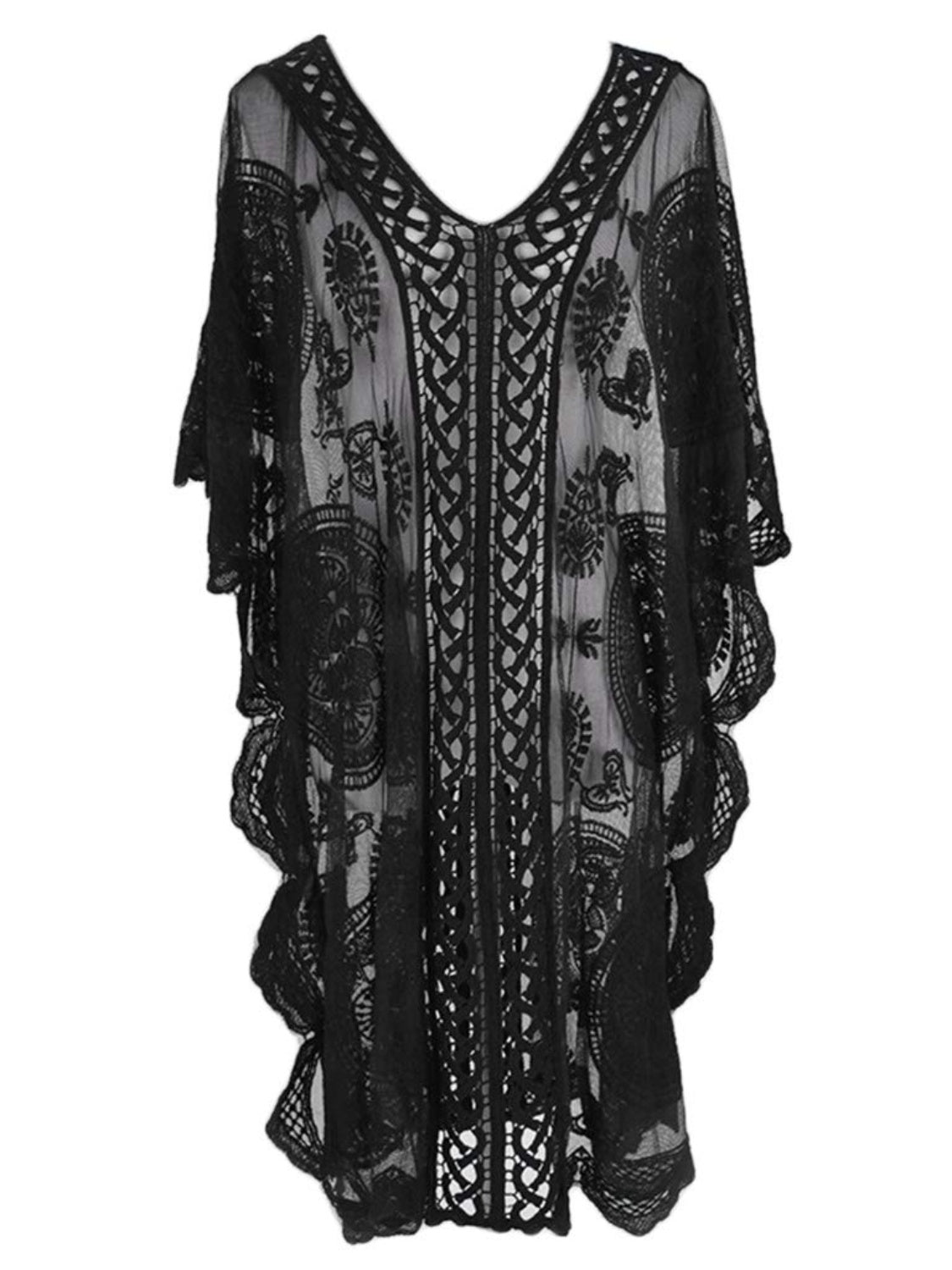 Lace Bohemian Swimwear Coverup Dress Elegant Retro Oversized Knee Length Sheer Swim Cover