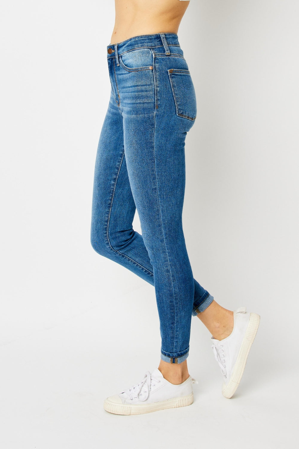Skinny Stretch Slim Mid-Rise Denim Pants Cuffed Hem Judy Blue Jeans