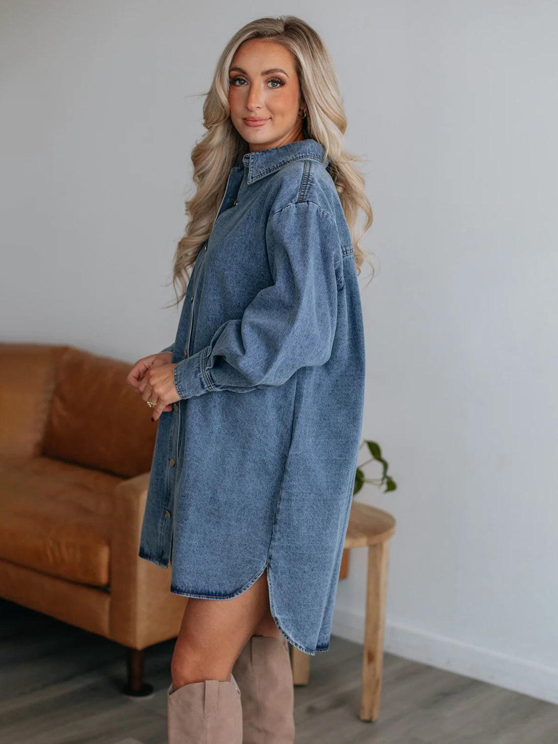 Oversized Denim Boyfriend Pocket Jean Collar Shirt Dress Long Sleeve Button High-Low