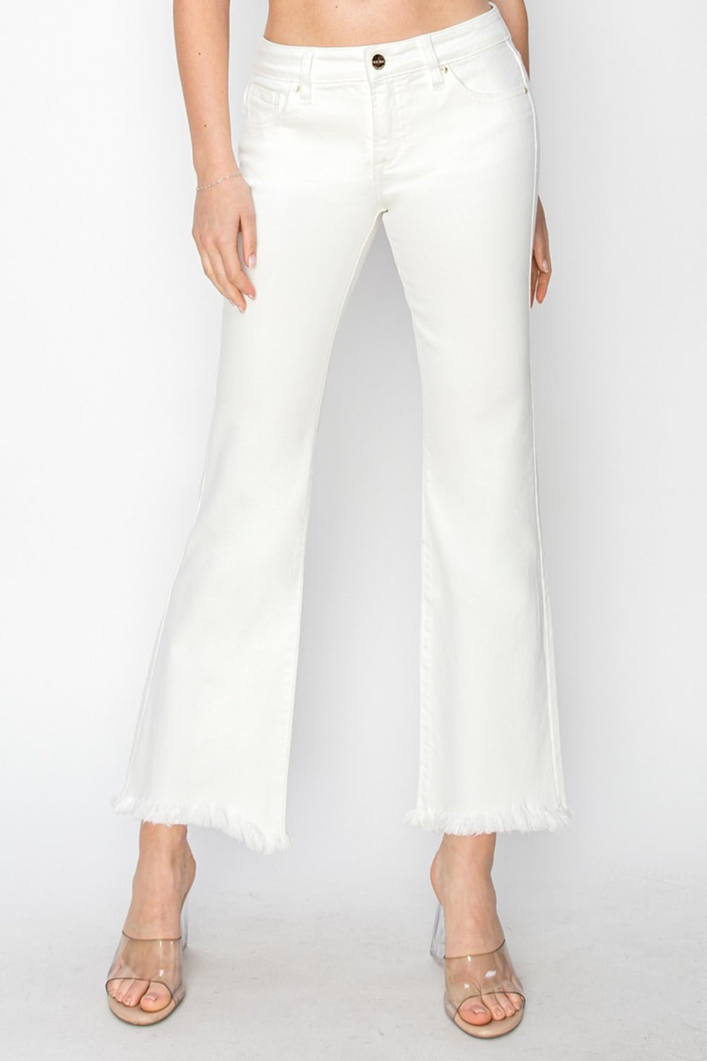 RISEN High-Rise Waist Skinny Fit Denim Pants Cropped Flare Step Hem White Jeans