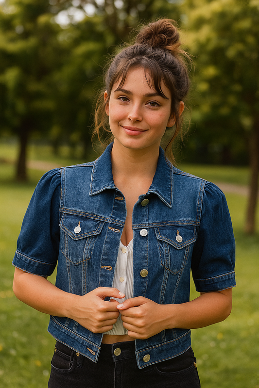 RISEN Cropped 90s Retro Jean Button-Up Chest Pocket Half Sleeve Denim Jacket