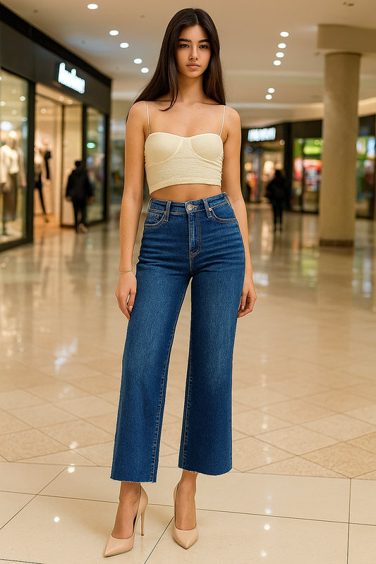 RISEN Tummy Control High-Rise Slim Fit Wide Leg Cropped Raw Hem Jeans Denim Pants Plus Size Available