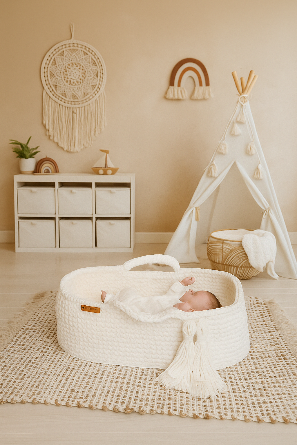 Finn + Emma Carry Cot Moses Baby Carrier Basket Handmade Organic Cotton Crochet Knit Bassinet