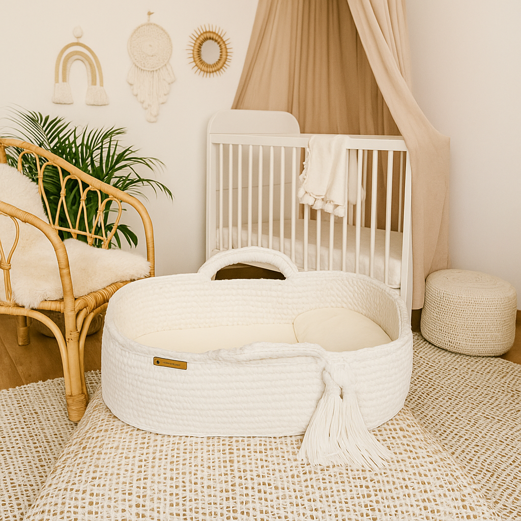Finn + Emma Carry Cot Moses Baby Carrier Basket Handmade Organic Cotton Crochet Knit Bassinet
