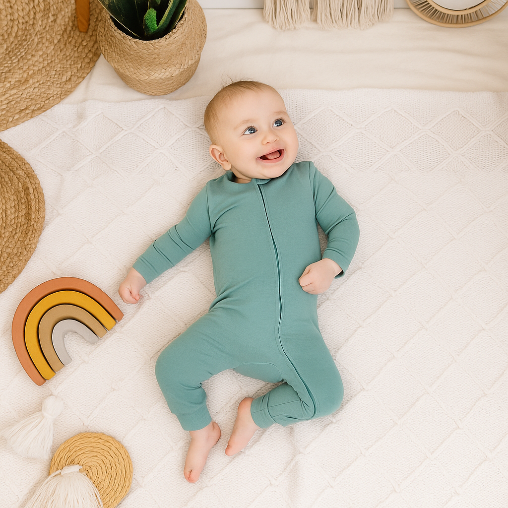 Larkspur Pant Romper Cloudweave Bamboo Long Sleeve Zip Baby Toddler One-piece Bodysuit Jade