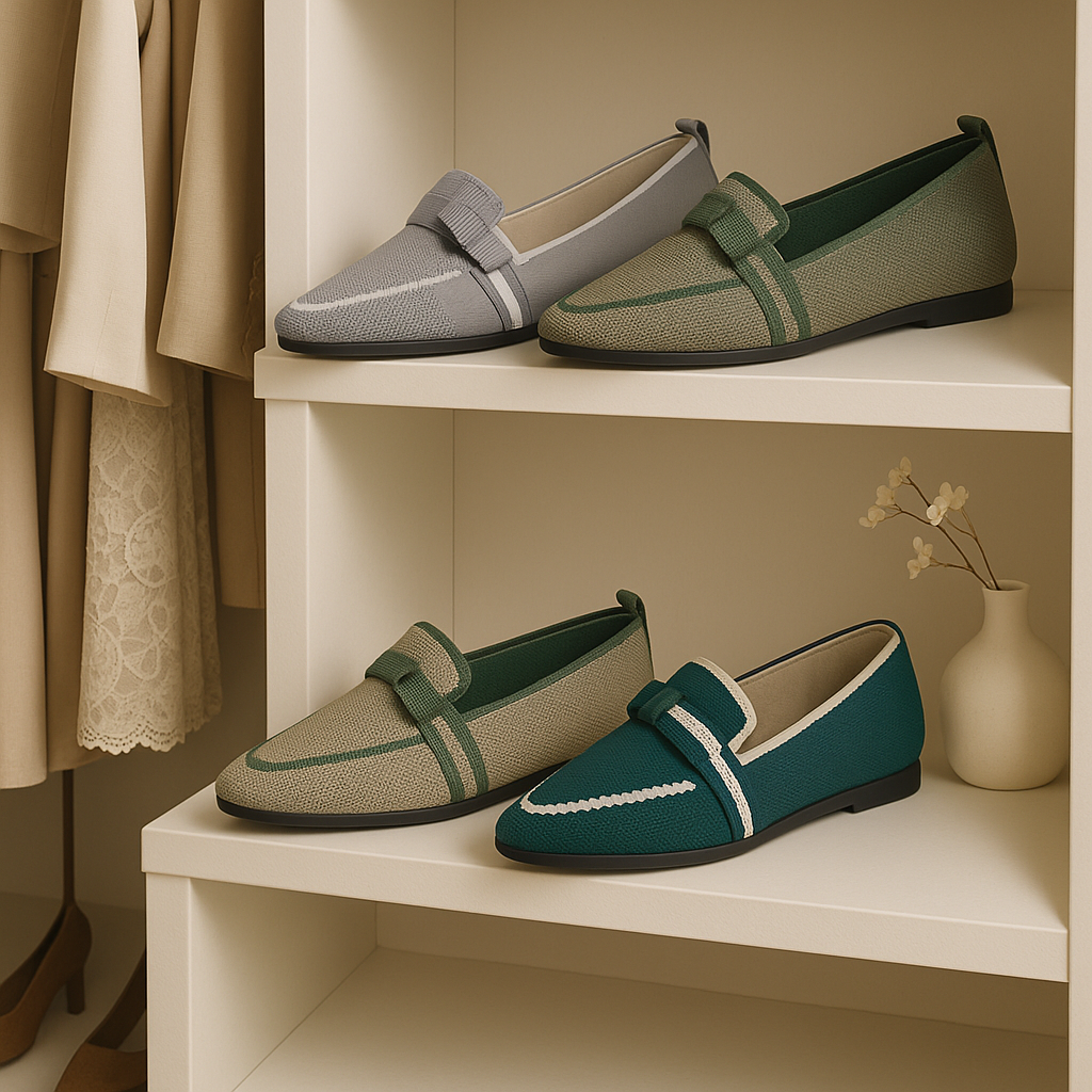 Pointed Bow Top Knit Contrasting Stripe Ballet Flat Casual Loafer Slip-on Shoes