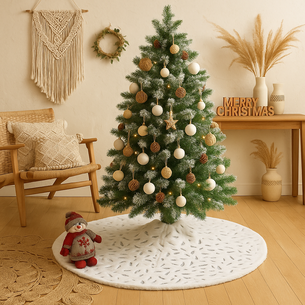 Feather Print Christmas Tree Skirt White Metallic Gold or Silver 47.4"