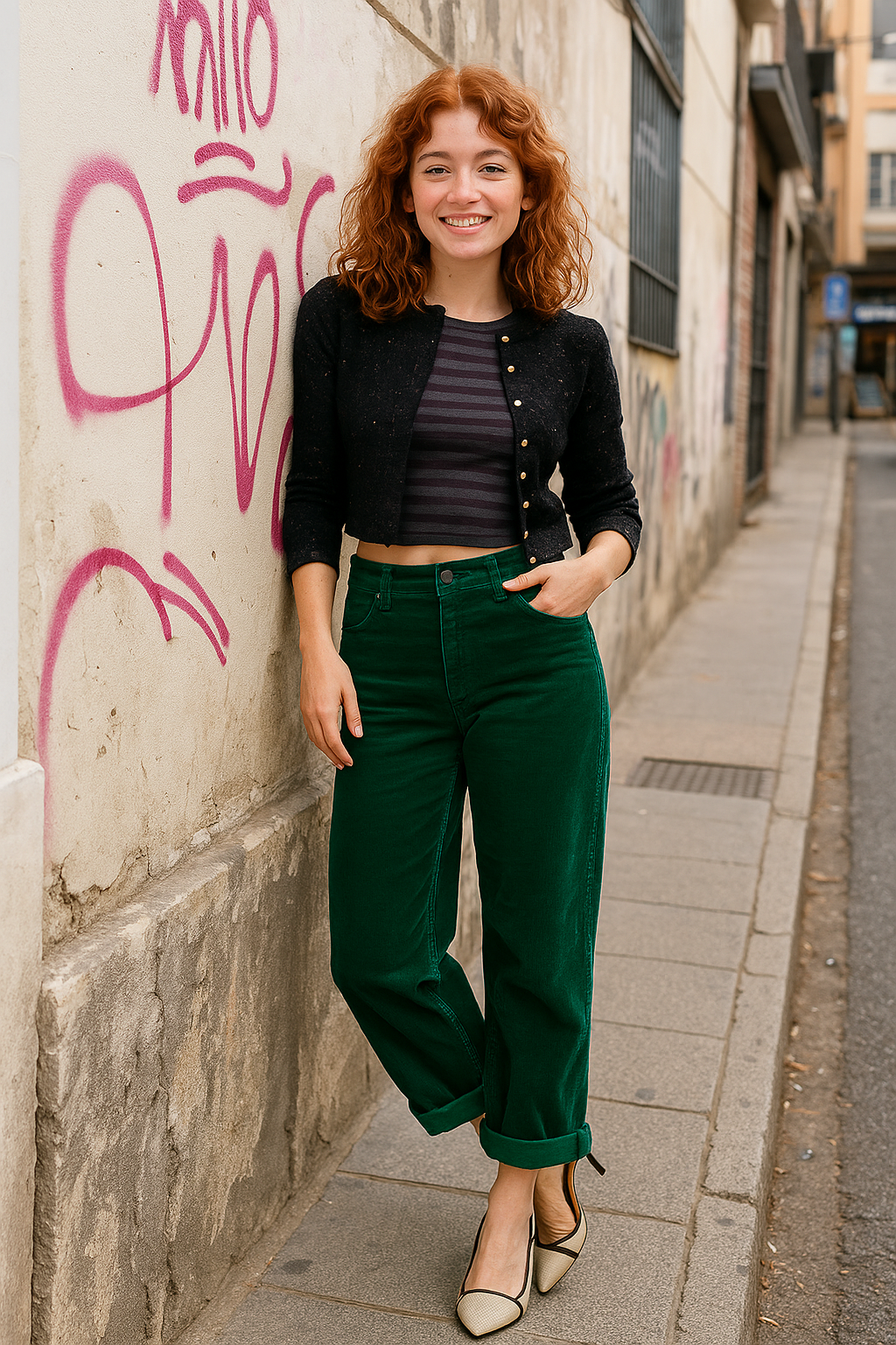 RISEN Barrel Corduroy Jeans High-rise Tapered Palazzo Roll Cuff Hem Denim Pants Green