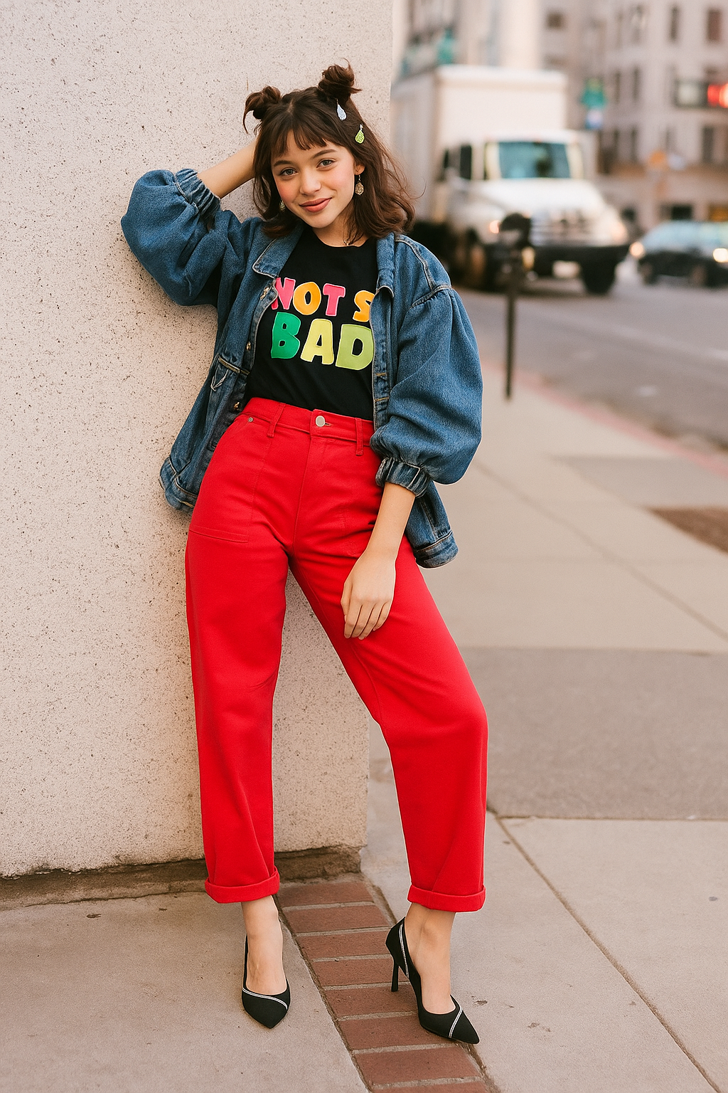 RISEN Barrel Jeans High-rise Tapered Cuffed Palazzo Cropped Hem Denim Pants Red