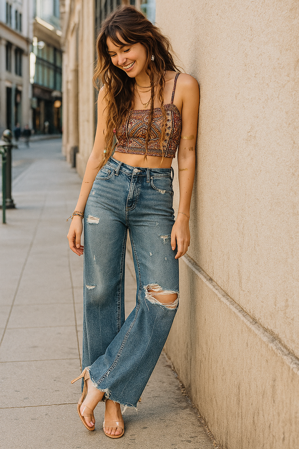 RISEN Mid-Rise Tummy Control Slim Fit Baggy Wide Leg Pants Distressed Denim Jeans