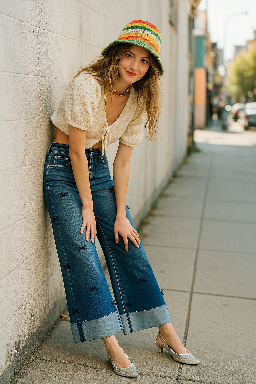 RISEN Bow Ribbon High-Rise Wide Leg Relaxed Fit Cropped Pants Cuffed Hem Denim Jeans