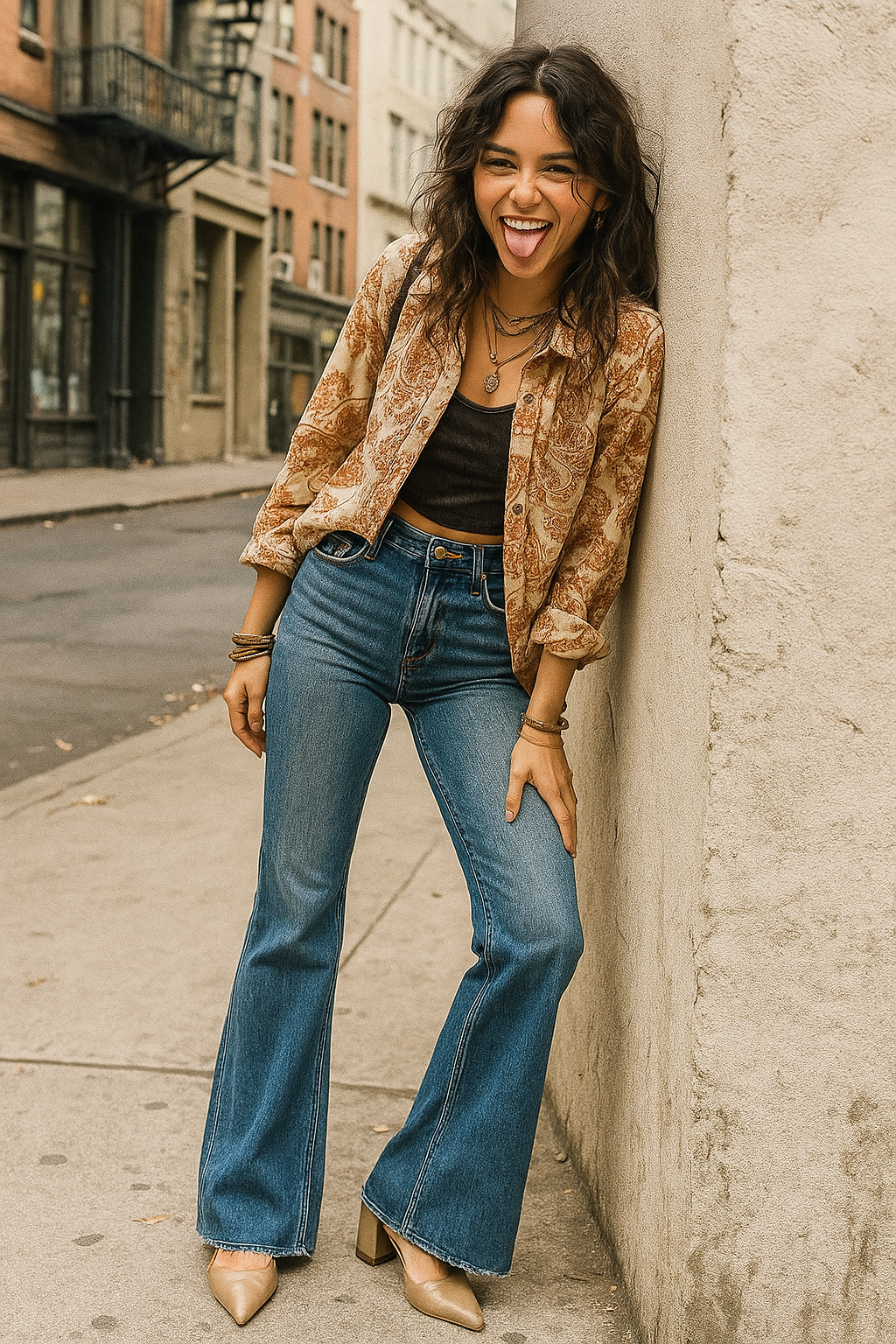 RISEN High-Rise Retro 70s Flare Leg Wide Cut Raw Hem Pants Slim Fit Denim Jeans