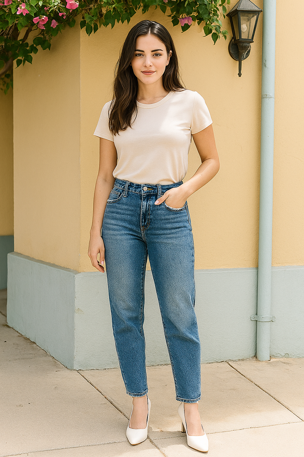 RISEN Slim Barrel High-rise Waist Tapered Ankle Jeans Distressed Raw Hem Denim Pants