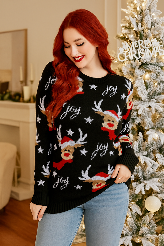 Knit Santa's Reindeer Joy Round Neck Winter Holiday Classic Long Sleeve Sweater