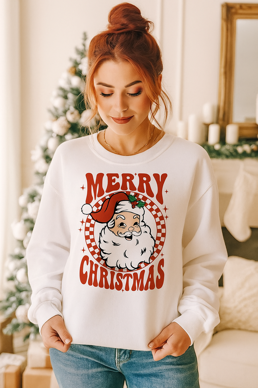 Retro Santa Merry Christmas Graphic Sweatshirt Holiday Sweater Shirt Top