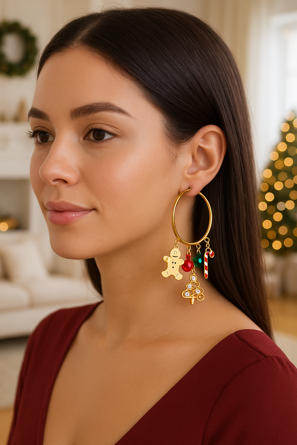 18K Gold Christmas Charm Hoop Earrings Holiday Dangle Festive Rhinestone Jewelry