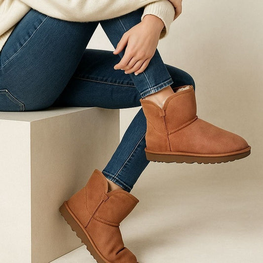 Kirkland Signature Real Fur Winter Boot Womens Shearling Sheepskin Suede Scalloped Fold Over Outdoor Shoes