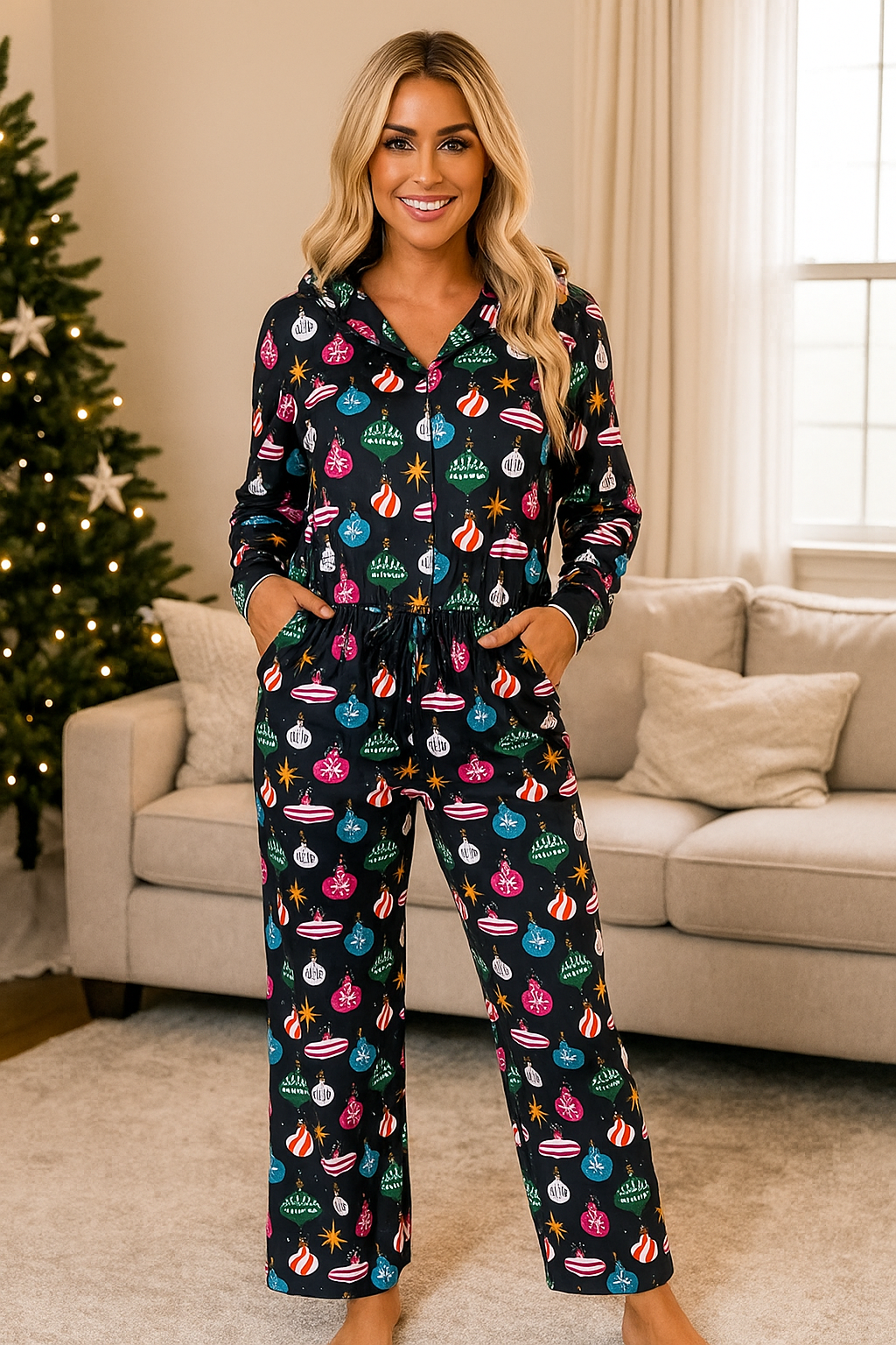 Pajama Set Holiday Ornament Button-Up Button Long-Sleeve Top Elastic Waist Pants