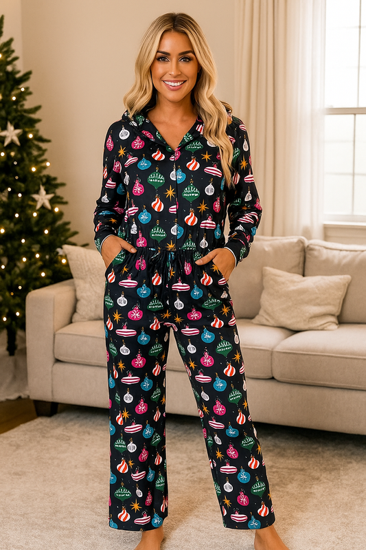 Pajama Set Holiday Ornament Button-Up Button Long-Sleeve Top Elastic Waist Pants