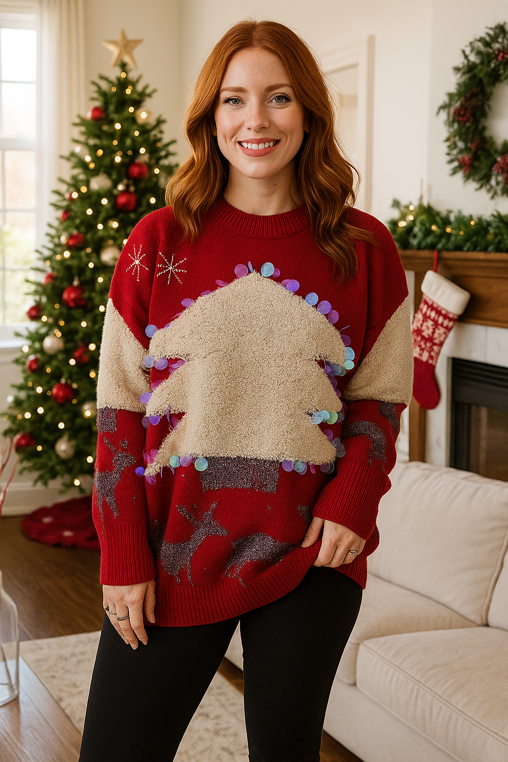 Oversized Sequin Shag Teddy Christmas Tree Reindeer Knit Long Sleeve Sweater Top