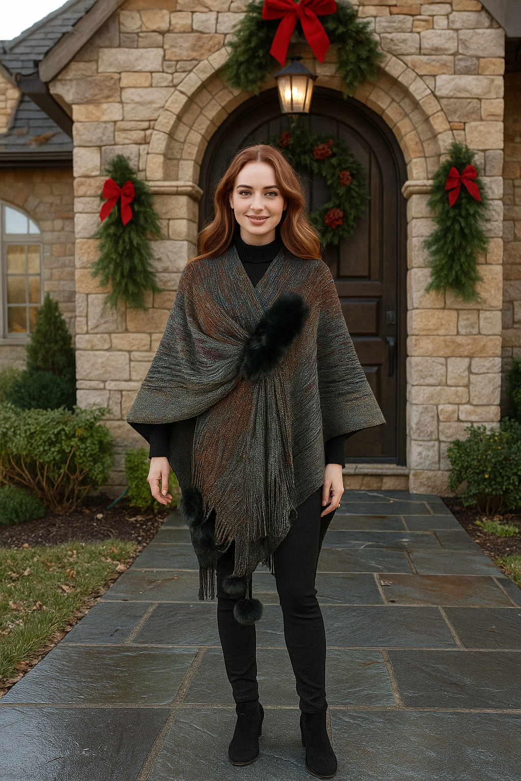 Faux Fur Pom-Pom Fringe Hem Poncho Sweater Wrap Colorful Knit Oversized Swawl Jacket