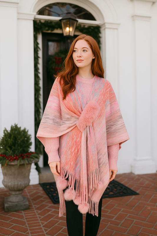 Faux Fur Pom-Pom Fringe Hem Poncho Sweater Wrap Colorful Knit Oversized Swawl Jacket