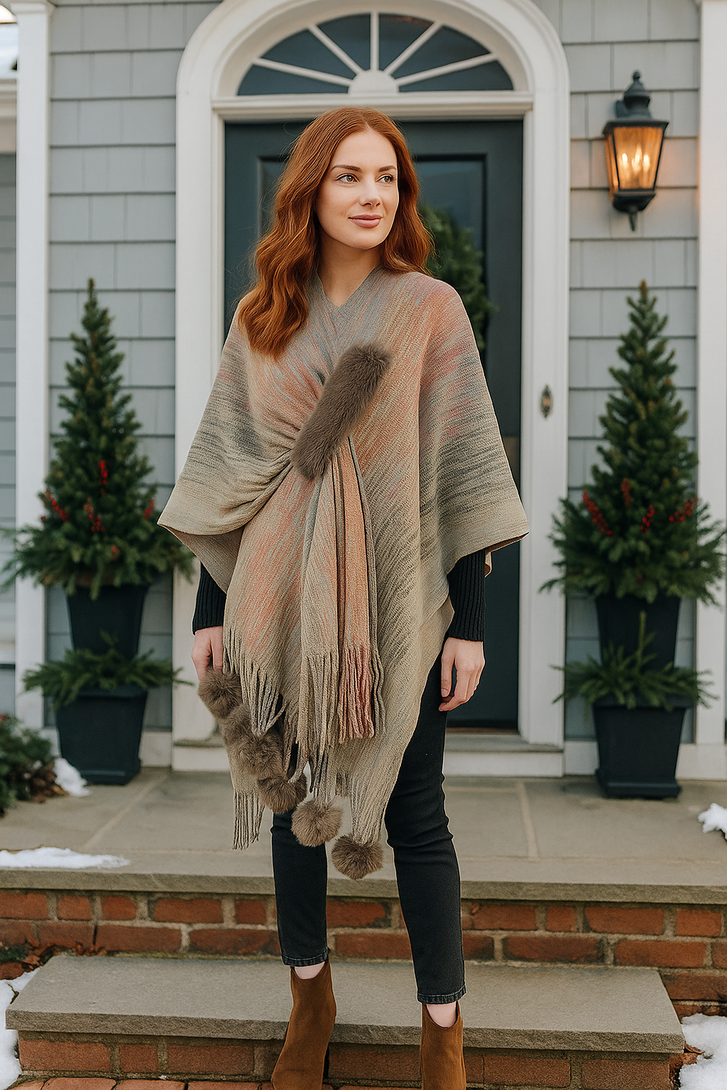 Faux Fur Pom-Pom Fringe Hem Poncho Sweater Wrap Colorful Knit Oversized Swawl Jacket