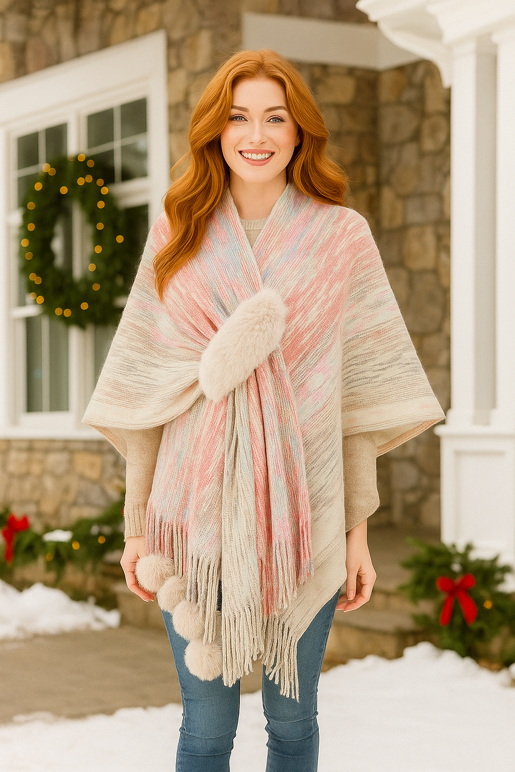 Faux Fur Pom-Pom Fringe Hem Poncho Sweater Wrap Colorful Knit Oversized Swawl Jacket