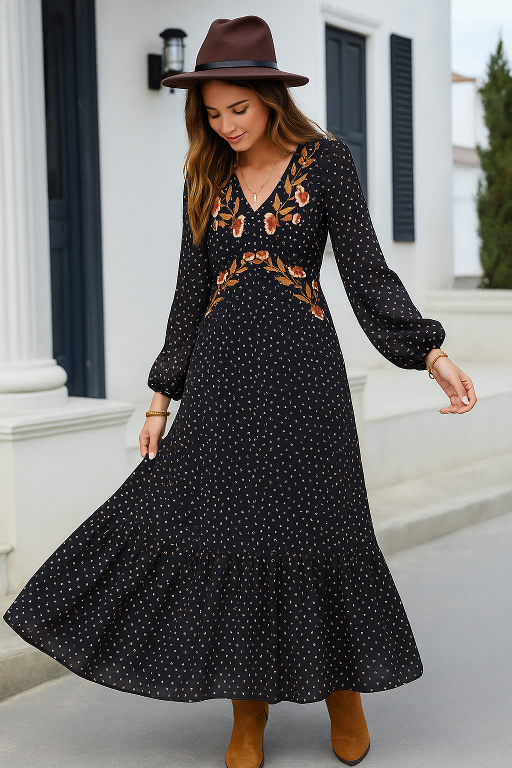 Floral Embroidered Polka-dot V-neck Tiered Long Sleeve Empire Waist Maxi Dress