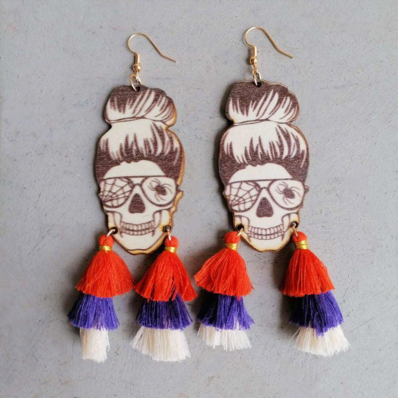 Messy Bun Wood Skeleton Tassel Dangle Earrings Halloween Artisan Jewelry