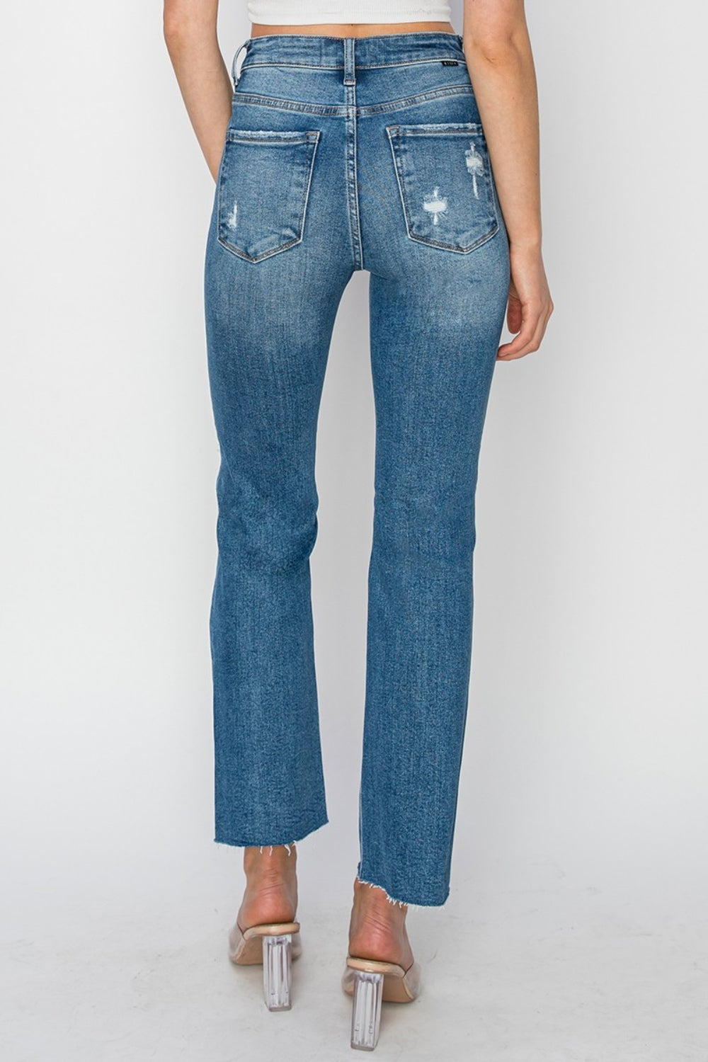RISEN High-Rise Straight Leg Distressed Ankle Frayed Raw Hem Jeans Denim Pants