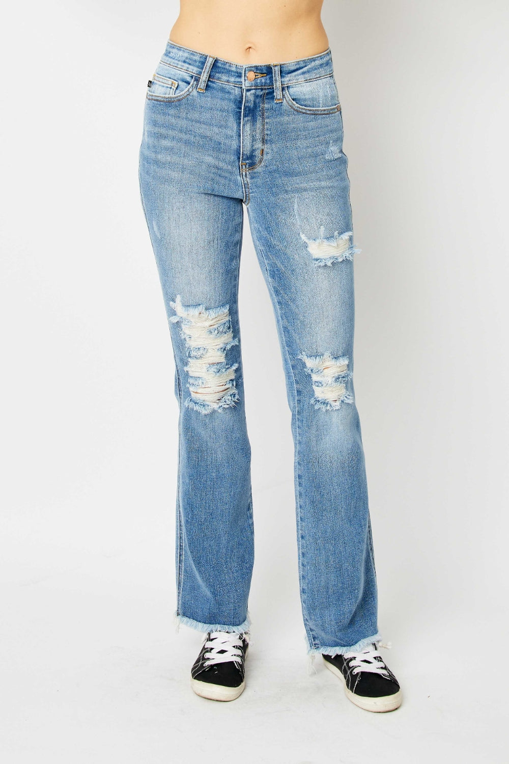 Retro 90s Distressed Bootcut Jeans Torn Hem Mid-Rise Denim Pants Judy Blue