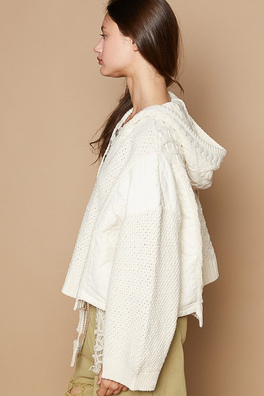 POL Hoodie Oversized Sweater Cable Knit Top Pullover Hippie Quarter Button Sweatshirt