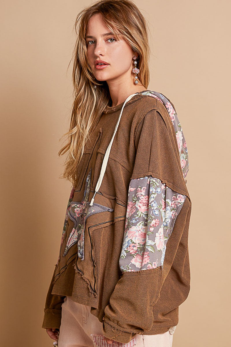POL Hoodie French Terry Star Patchwork Raw Seam Oversized Top Hippie Boho Shirt