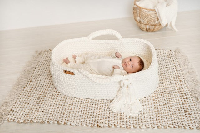 Finn + Emma Carry Cot Moses Baby Carrier Basket Handmade Organic Cotton Crochet Knit Bassinet