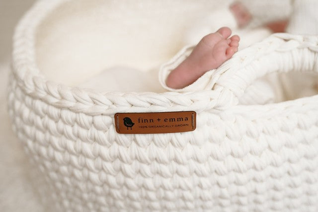 Finn + Emma Carry Cot Moses Baby Carrier Basket Handmade Organic Cotton Crochet Knit Bassinet